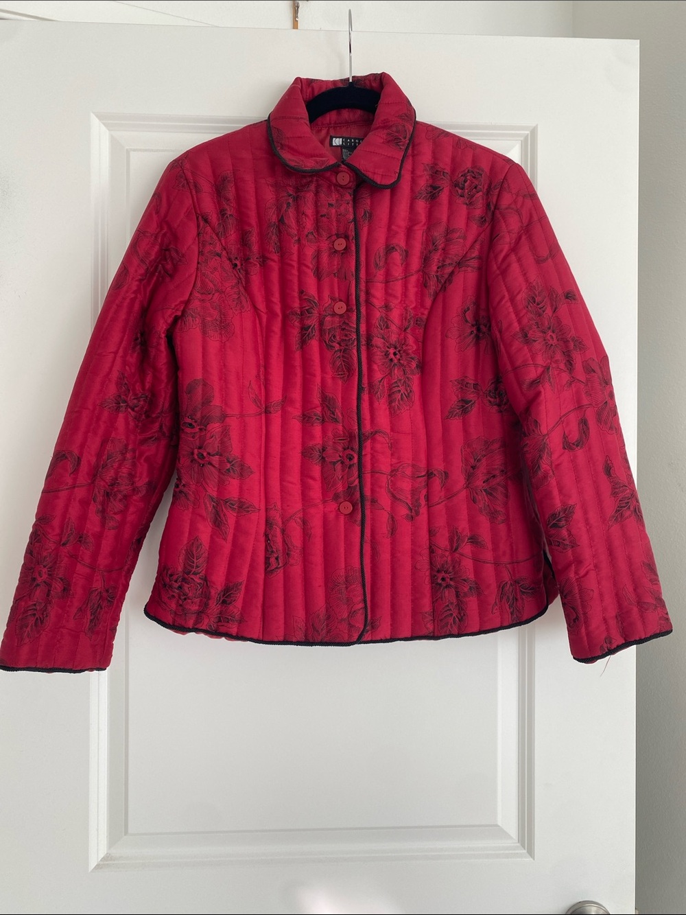Carole Little Red Quilted Floral Button-Up Puffer Jacket